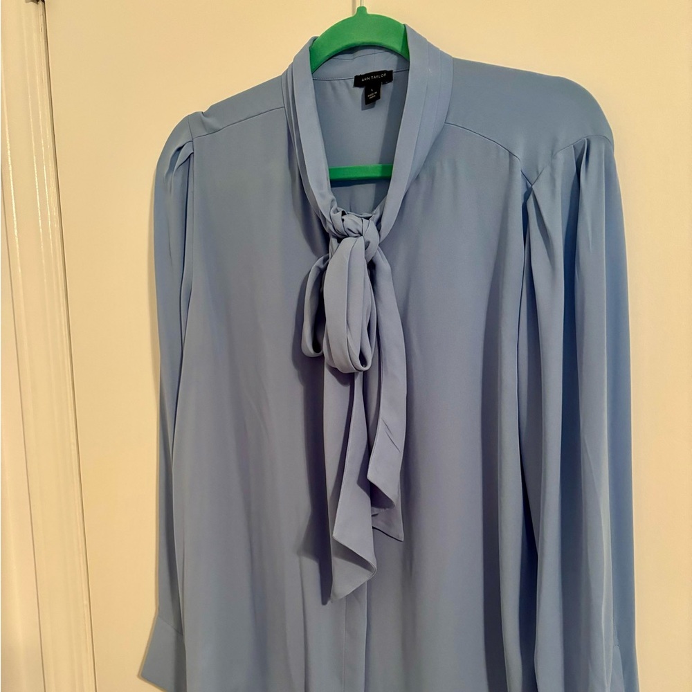 Ann Taylor Light Blue Tie Neck Blouse